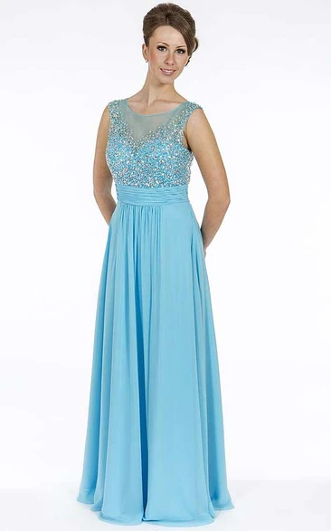 Beaded A-Line Chiffon Prom Dress with Pleats Sleeveless Long Scoop-Neck