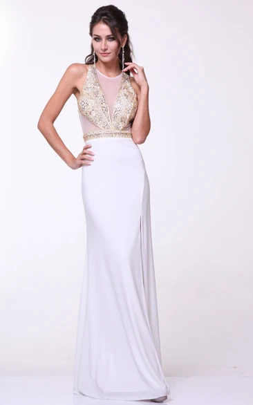 Jewel-Neck Sleeveless Jersey Dress with Beading Sheath Formal Dress