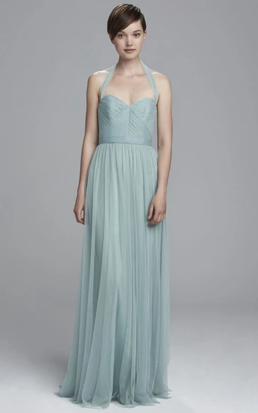 Haltered A-Line Tulle Bridesmaid Dress with Ruched Pleats