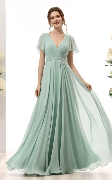 A-Line Chiffon Bridesmaid Dress with Short Sleeves V-neck Bohemian Style Low-V Back 2024