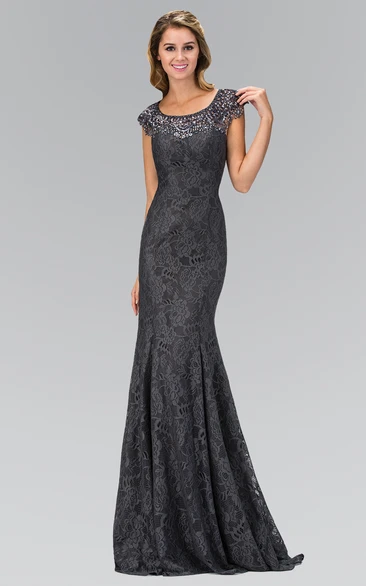 Lace Cap-Sleeve Sheath Formal Dress with Scoop Neckline and Zipper