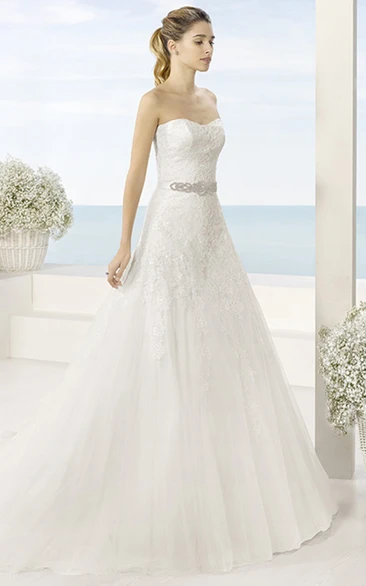 Jeweled Tulle A-Line Wedding Dress with V-Back Elegant Bridal Gown