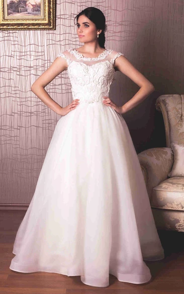 Organza Cap-Sleeve Wedding Dress with Appliques A-Line Style