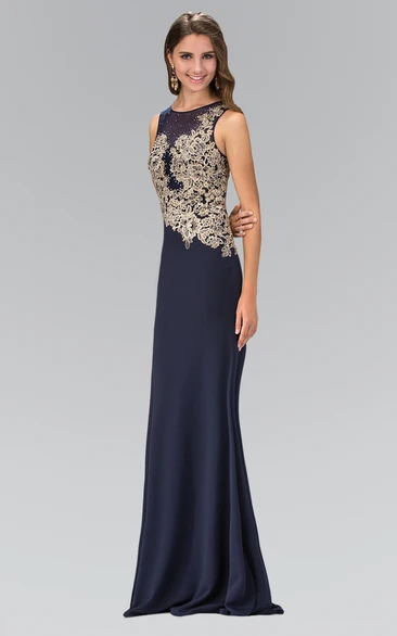 Sleeveless Sheath Jersey Formal Dress with Illusion Appliques