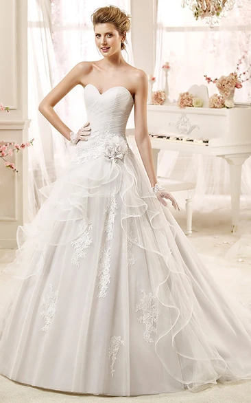A-line Wedding Dress with Asymmetrical Ruching and Flowers Sweetheart Flowy