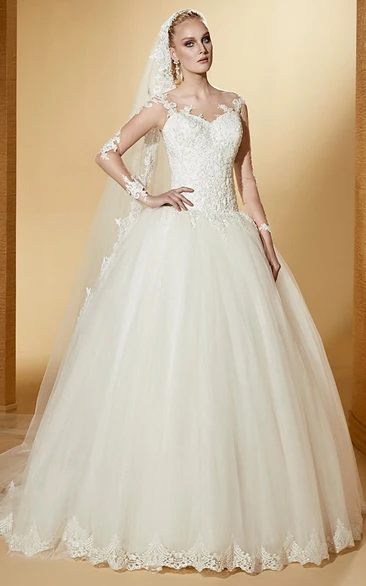 Long-Sleeve Ball Gown with Illusive Design and Lace Bodice Modern and Sophisticated