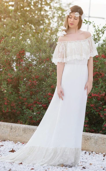 Off-Shoulder Boho Lace Chiffon Wedding Dress with Sweep Train