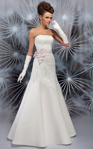 Strapless Lace Satin Wedding Dress with Ruching A-Line Maxi Style