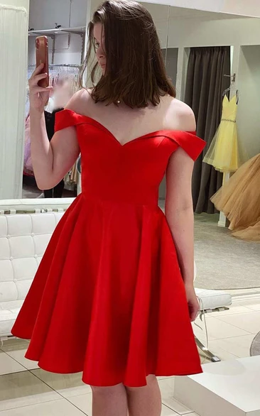 Off-the-Shoulder Satin A-Line Homecoming Dress with Corset Back Romantic Formal Dress