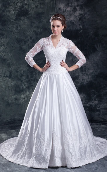 Modest A-line Lace Wedding Gown with Scalloped-Neck and 3/4 Sleeves Unique Bridal Dress