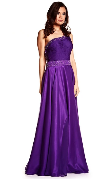 One-Shoulder A-Line Satin Prom Dress with Beading Sleeveless Ruched Floor-Length