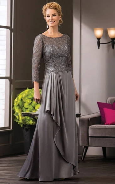 Long Mother Of The Bride Dress with Ruffles and Jewels and Sleeves