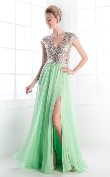 Chiffon Sheath Dress with Beading Split Front and Cap Sleeves for Prom