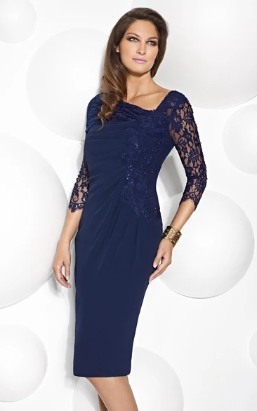 Knee-Length Jersey Mother Of The Bride Dress with Beading Lace Scoop Neck 3-4 Sleeve