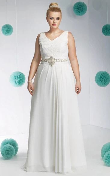 Plus Size Chiffon V-Neck Wedding Dress with Ruching and Waist Jewelry