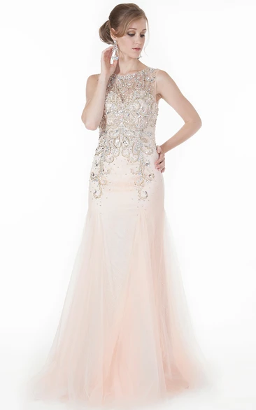 Jewel-Neck Beaded A-Line Tulle Prom Dress Floor-Length Sleeveless