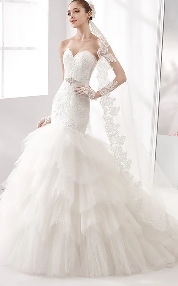 Mermaid Lace Gown with Train and Lace-Up Back Sweetheart Multilayered