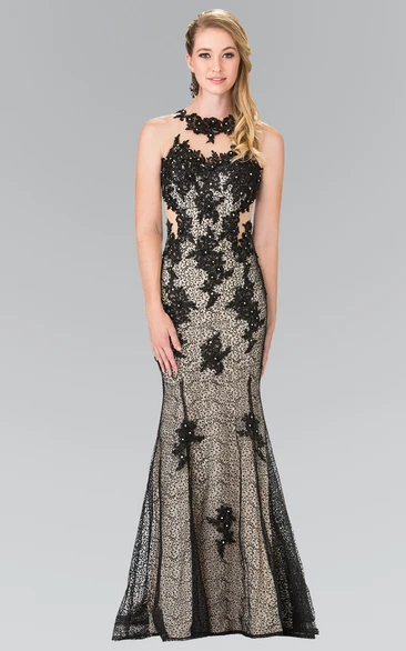 Trumpet Lace Illusion Formal Dress with Jewel-Neck and Appliques