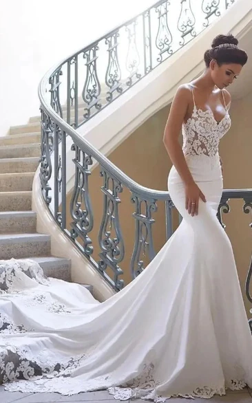 Sexy Mermaid Beach Wedding Dress V-Neck Backless Lace Spaghetti Straps Gown with Court Train