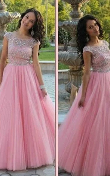 Tulle Floor-Length Formal Dress with Beading and Short Sleeves