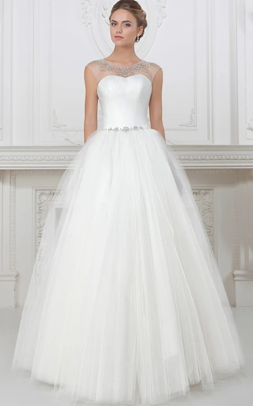 Beaded Tulle Ball Gown Wedding Dress Floor-Length Scoop-Neck with Ruching