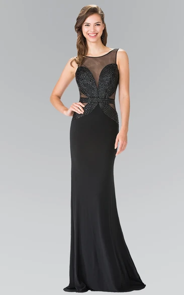 Bateau Sleeveless Chiffon Formal Dress With Beading Long Sheath Style with Deep-V Back