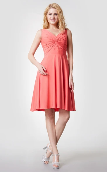 Ruched V Neck Sleeveless Jersey Bridesmaid Dress with Knot Detail Elegant and Classy