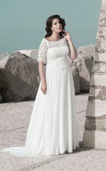 Lace Chiffon A-Line Wedding Dress with Illusion Appliques Long Sleeve