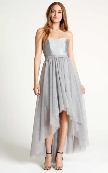 Strapless High-Low Ribboned Tulle Bridesmaid Dress with Pleats Flowy Bridesmaid Dress