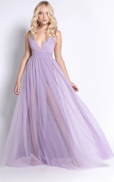 Tulle Ruched A Line Sleeveless Floor-length Prom Dress Unique