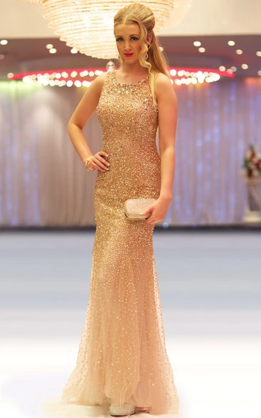 Sequin and Tulle Sheath Prom Dress with Scoop-Neck Floor-Length