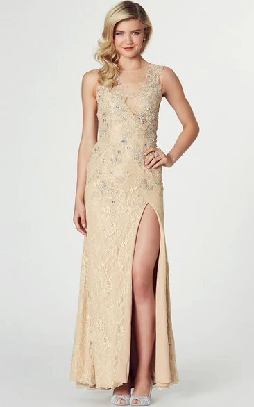 Lace Jewel-Neck Prom Dress with Beading and Split-Front