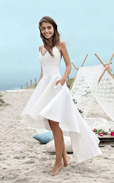 Simple High-Low Beach Wedding Dress with Spaghetti Straps and Ruching