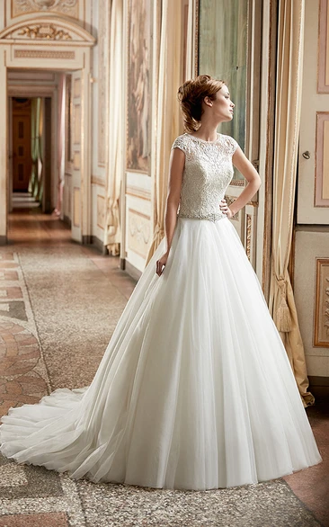 Tulle and Lace A-Line Wedding Dress with Cap Sleeves and Waist Jewelry