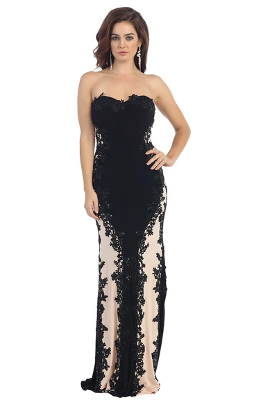 Strapless Lace Jersey Pencil Bridesmaid Dress with Appliques