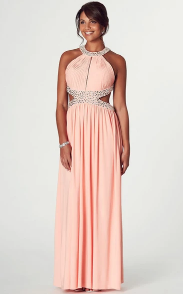 Backless Chiffon Prom Dress with Ruched Bodice and Scoop Neckline