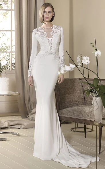 High-Neck Long-Sleeve Appliqued Wedding Dress with Beading Sheath Style