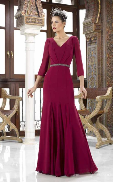 Jeweled Chiffon V-Neck Mother Of The Bride Dress 3/4 Sleeve