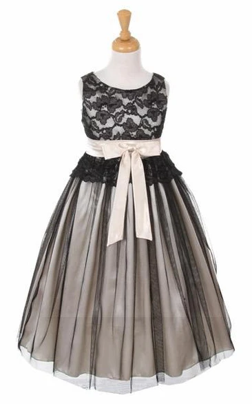 Tea-Length Sleeveless Lace Tulle Flower Girl Dress