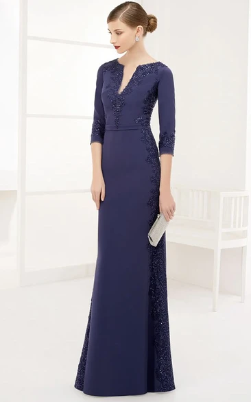 V-Neck Appliqued Prom Dress with Beading Sheath Maxi 3-4-Sleeve