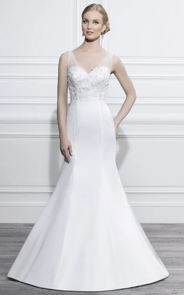 Satin Trumpet Wedding Dress with V-Neck Appliques and Low-V Back Classic Bridal Gown