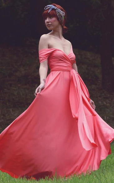 Chiffon Off-Shoulder Long Bridesmaid Dress with Flowy Skirt