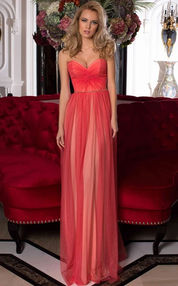 Sleeveless Tulle Prom Dress with Criss-Cross Sweetheart and Waist Jewellery in Sheath Style