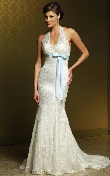 Sleeveless Sheath Lace Wedding Dress with Appliques and Bow Floor-Length V-Neck Tulle & Satin