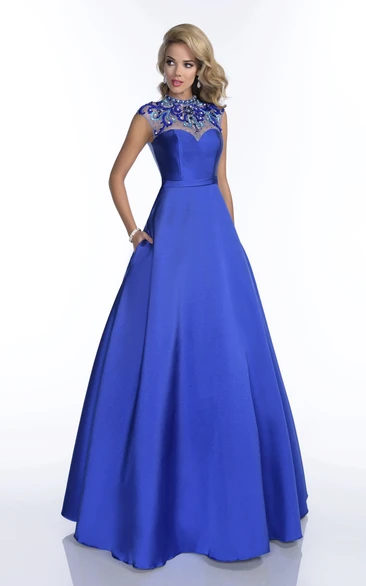 Rhinestone Back A-Line Prom Dress with Jewel Neck Cap Sleeves