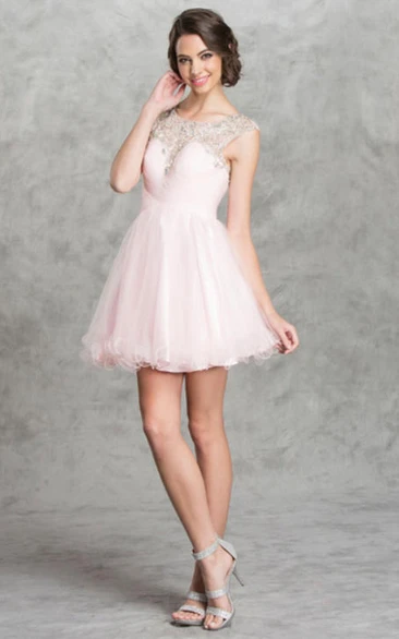 Cap-Sleeve Tulle Beaded A-Line Prom Dress