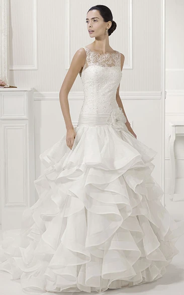 Drop Waist Tiered Organza Bridal Gown with Illusion Bateau Neck