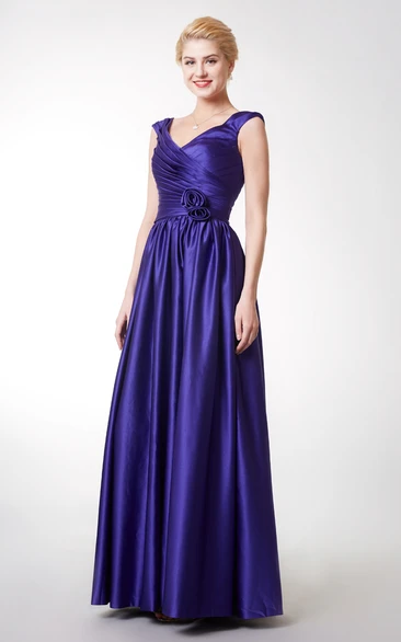Satin Gown with Cap Sleeves and Pleats Modern Bridesmaid Dress