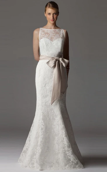 Lace Sheath Wedding Dress with Bateau Neck and Bow Detail