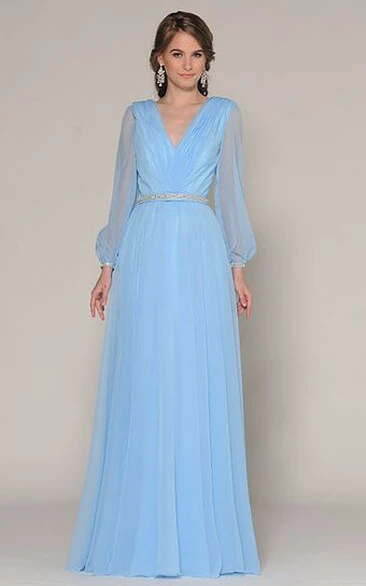 V-Neck Floor-Length Prom Dress with Puff-Sleeve